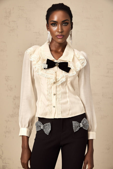 Sarah Shirt White & Black Lace Trimmed Bowknot Bow Crystal Top
