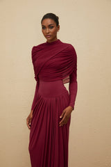 Sarai Maxi Dress - Red - Crew Neck - Long Sleeves - Mesh Shawl