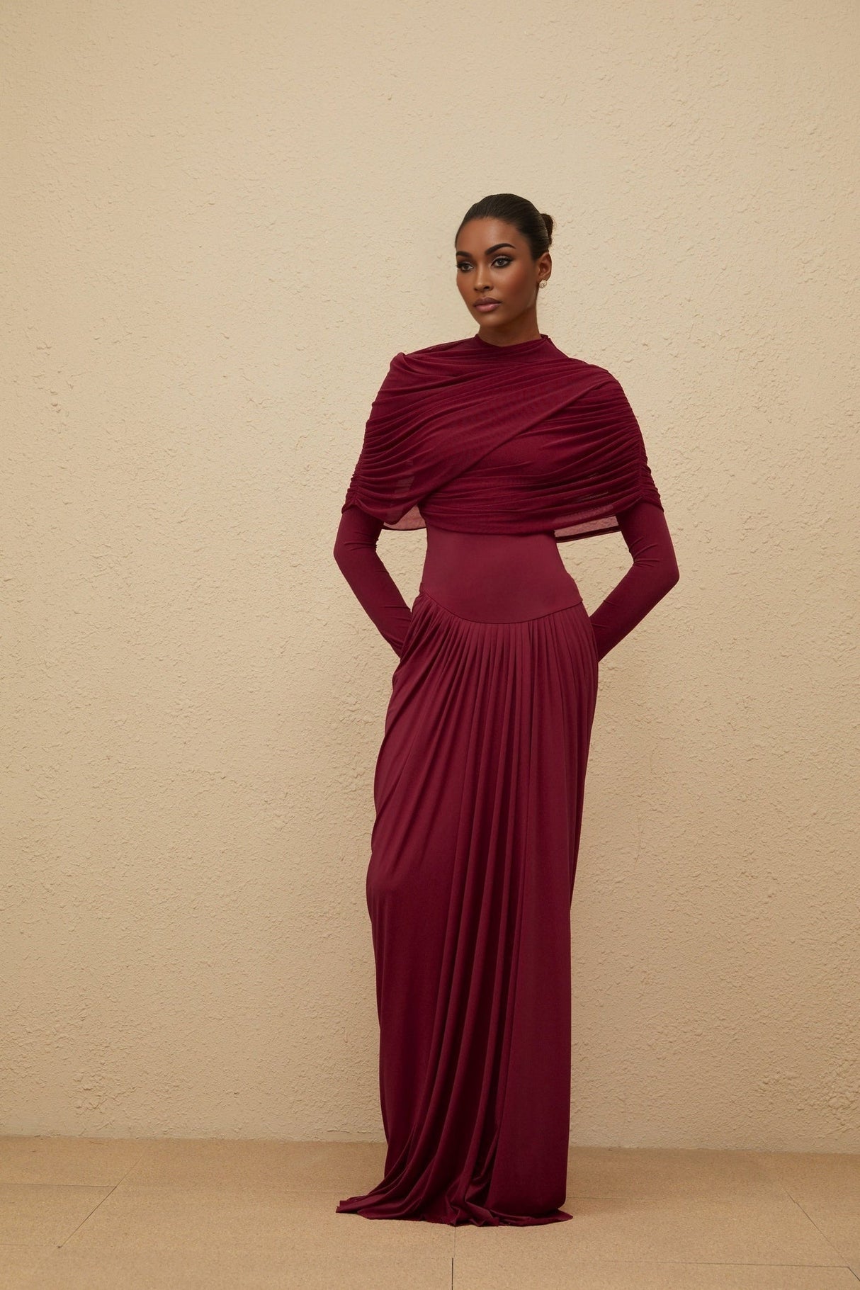 Sarai Maxi Dress - Red - Crew Neck - Long Sleeves - Mesh Shawl