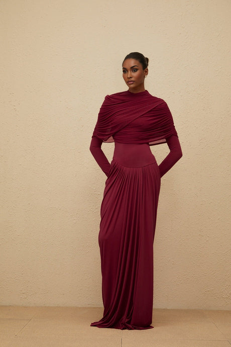 Sarai Maxi Dress - Red - Crew Neck - Long Sleeves - Mesh Shawl