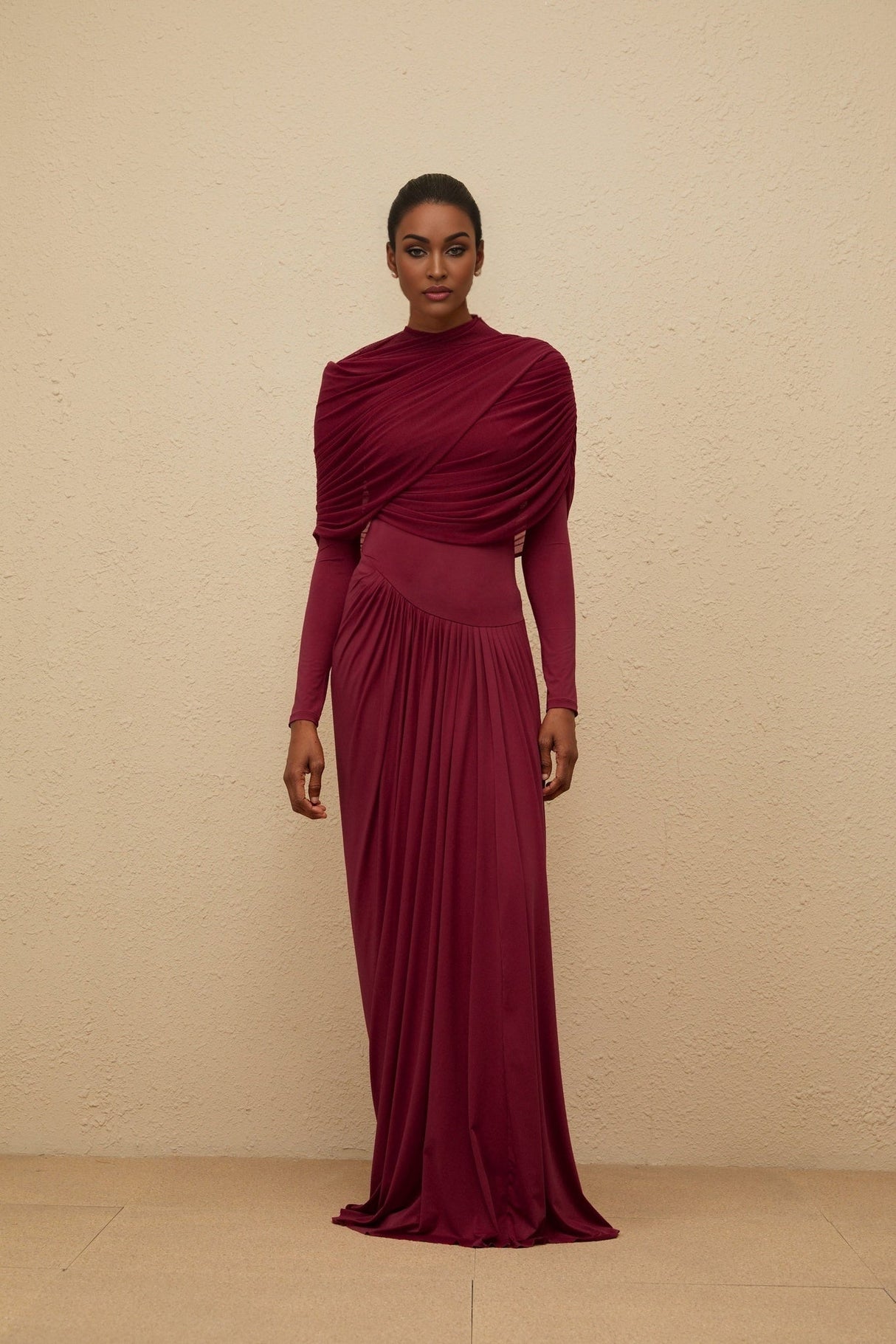 Sarai Maxi Dress - Red - Crew Neck - Long Sleeves - Mesh Shawl
