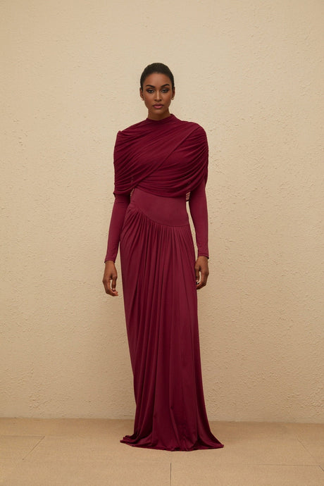 Sarai Maxi Dress - Red - Crew Neck - Long Sleeves - Mesh Shawl