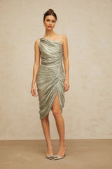 Sarai Midi Dress Grayish - Green Glossy Ruched & Asymmetrical Hem
