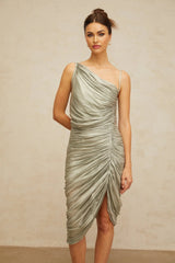 Sarai Midi Dress Grayish - Green Glossy Ruched & Asymmetrical Hem