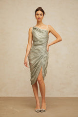 Sarai Midi Dress Grayish - Green Glossy Ruched & Asymmetrical Hem