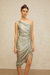Sarai Midi Dress Grayish - Green Glossy Ruched & Asymmetrical Hem