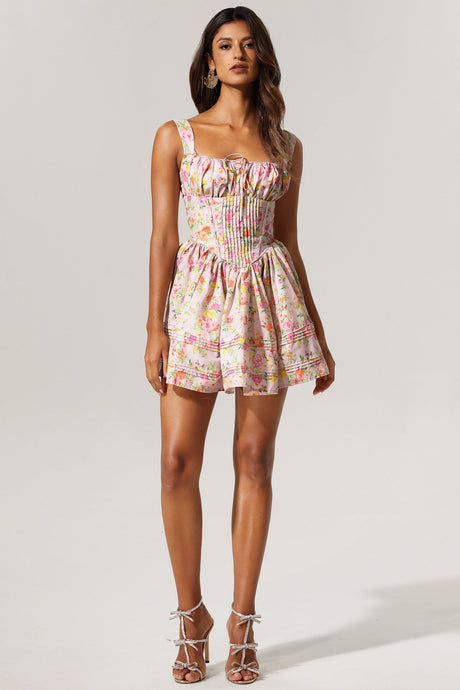 Sarai Pink Floral Mini Dress Square Neckline Ruffled Skirt Cinched Waist Pleats Drawstring