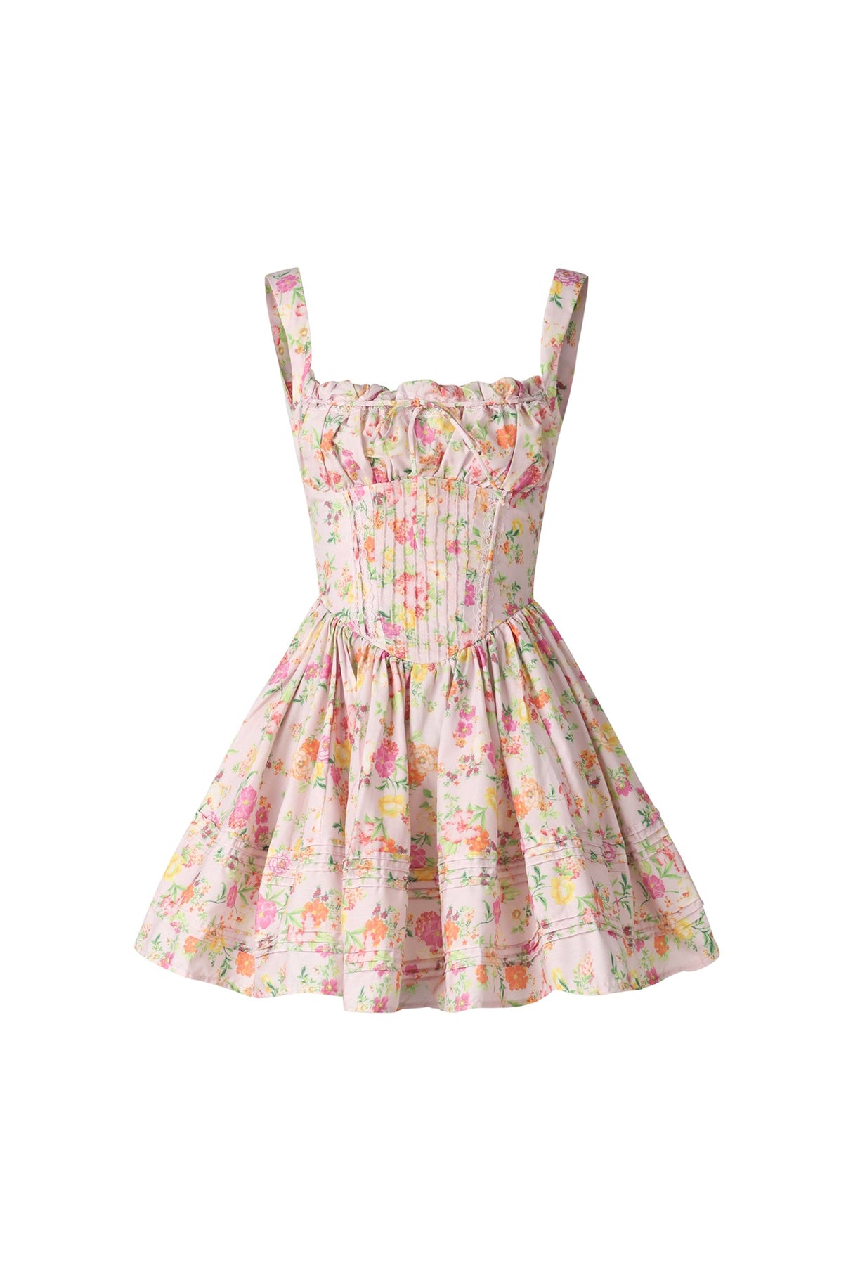Sarai Pink Floral Mini Dress Square Neckline Cinched Waist Ruffled Skirt Pleats Drawstring