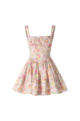 Sarai Pink Floral Mini Dress Square Neckline Cinched Waist Ruffled Skirt Pleats Drawstring
