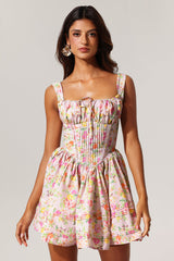 Sarai Pink Floral Print Mini Dress Square Neckline Cinched Waist Ruffled Skirt Pleats Drawstring Romantic Vibe