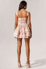 Sarai Pink Floral Print Mini Dress Square Neckline Cinched Waist Ruffled Skirt Pleats Drawstring
