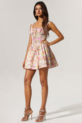 Sarai Pink Floral Print Mini Dress Square Neckline Cinched Waist Ruffled Skirt Pleats Drawstring