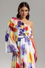 Sarai White Floral Maxi Dress with Ruffled One Shoulder Neckline and Cinched Waist for Women