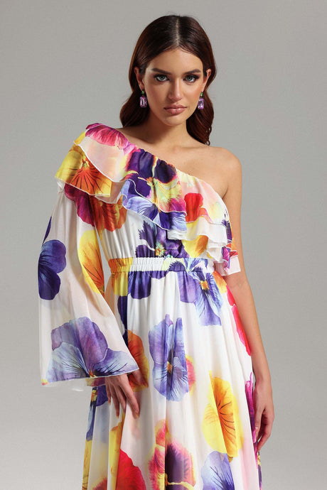 Sarai White Floral Maxi Dress with Ruffled One Shoulder Neckline and Cinched Waist for Women
