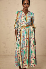 Savanna Floral Midi Dress with V Neck Wrap Design & SelfTie Fastening
