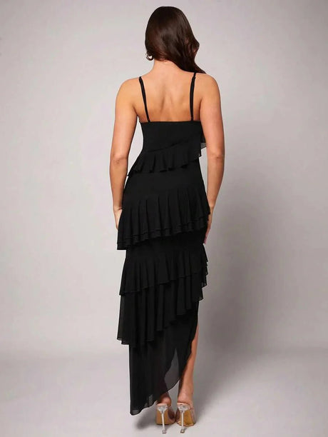 Savanna Maxi Dress - Refined Style - Slim Fit - Sleeveless - High Waist - Asymmetrical, Backless, Ruffle - Medium Stretch - Knitted Fabric