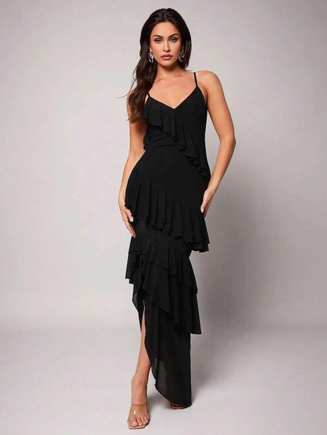 Savanna Maxi Dress - Refined Style - Slim Fit - Sleeveless - High Waist - Asymmetrical, Backless, Ruffle - Medium Stretch - Knitted Fabric