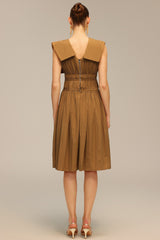 Savannah Brown Midi Dress V-Neckline Waist Detailing Elegant
