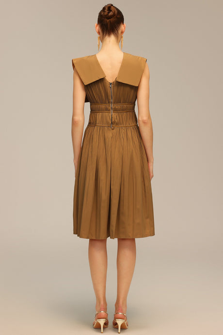 Savannah Brown Midi Dress V-Neckline Waist Detailing Elegant