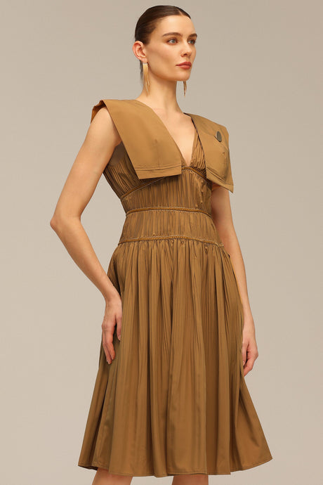 Savannah Brown Midi Dress V-Neckline Waist Detailing Elegant Silhouette High-Quality Fabric Formal Casual Events Garden Party Wedding Day Out