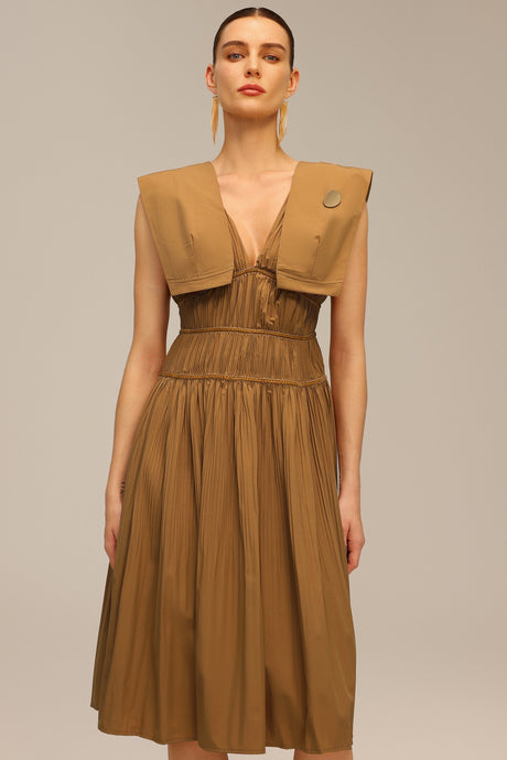 Savannah Brown Midi Dress V-Neckline Waist Detailing Elegant Silhouette