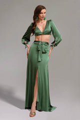Savannah Green V Neck Long Sleeve High Slit Dress