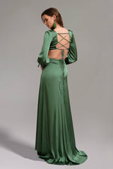 Savannah Green V Neck Long Sleeve High Slit Dress