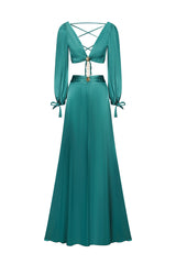 Savannah Green Long Sleeve V Neck Dress with High Slit and Waist Tie