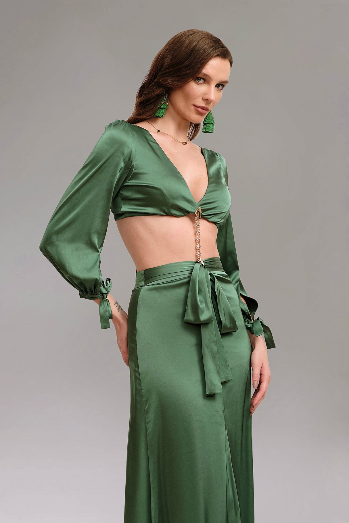 Savannah Green Long Sleeve V Neck High Slit Dress