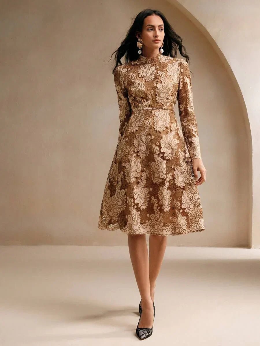 Savannah Midi Dress - Stand Collar - Wedding Occasion - Flared Hem - High Waist - A Line Style