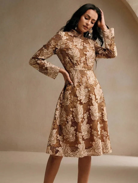 Savannah Midi Dress - Stand Collar - Wedding Occasion - Flared Hem - High Waist - A Line Style