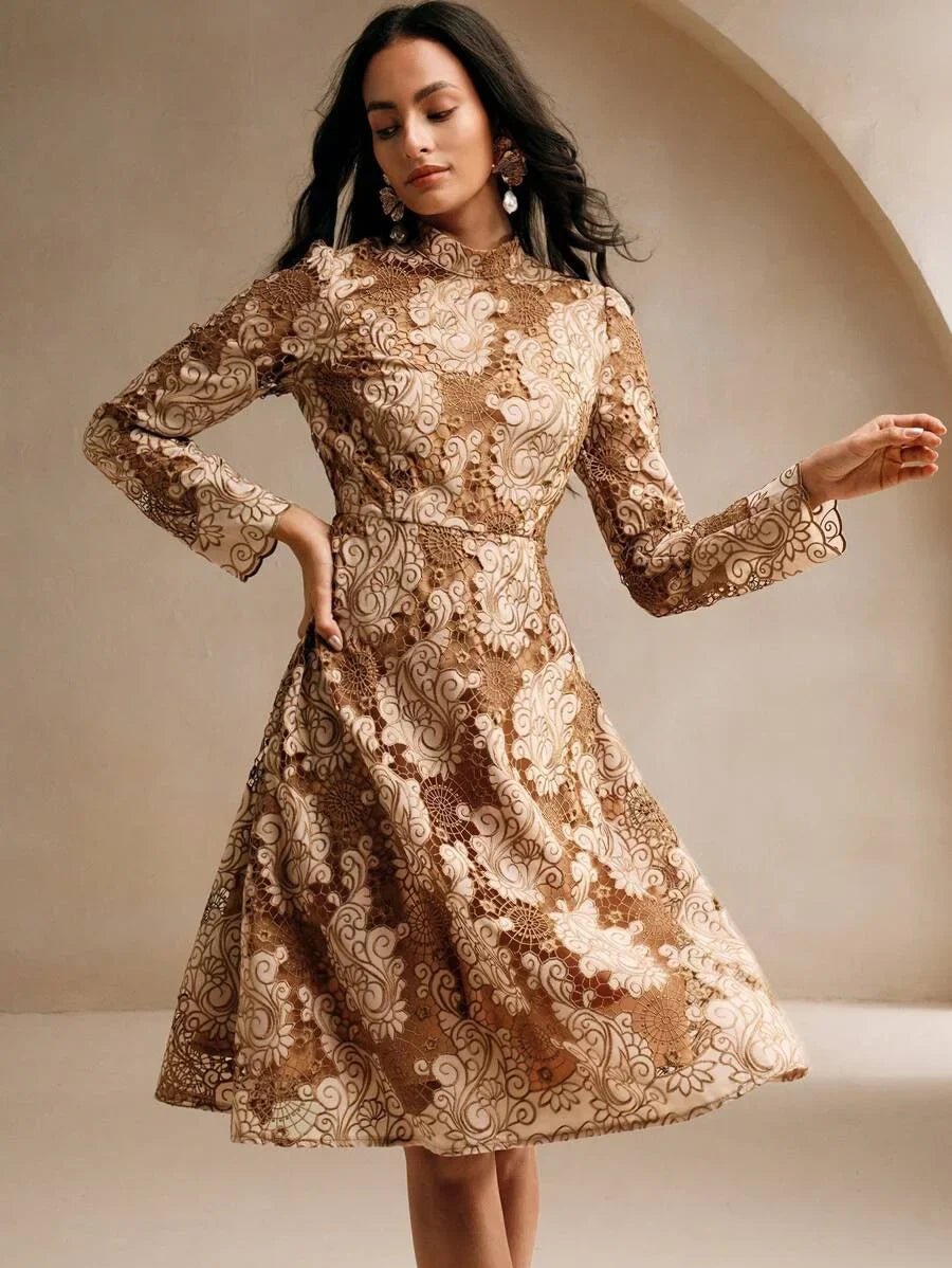 Savannah Midi Dress - Stand Collar - Wedding Occasion - Flared Hem - High Waist - A Line Style