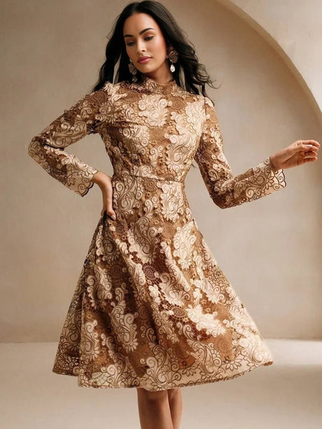 Savannah Midi Dress - Stand Collar - Wedding Occasion - Flared Hem - High Waist - A Line Style