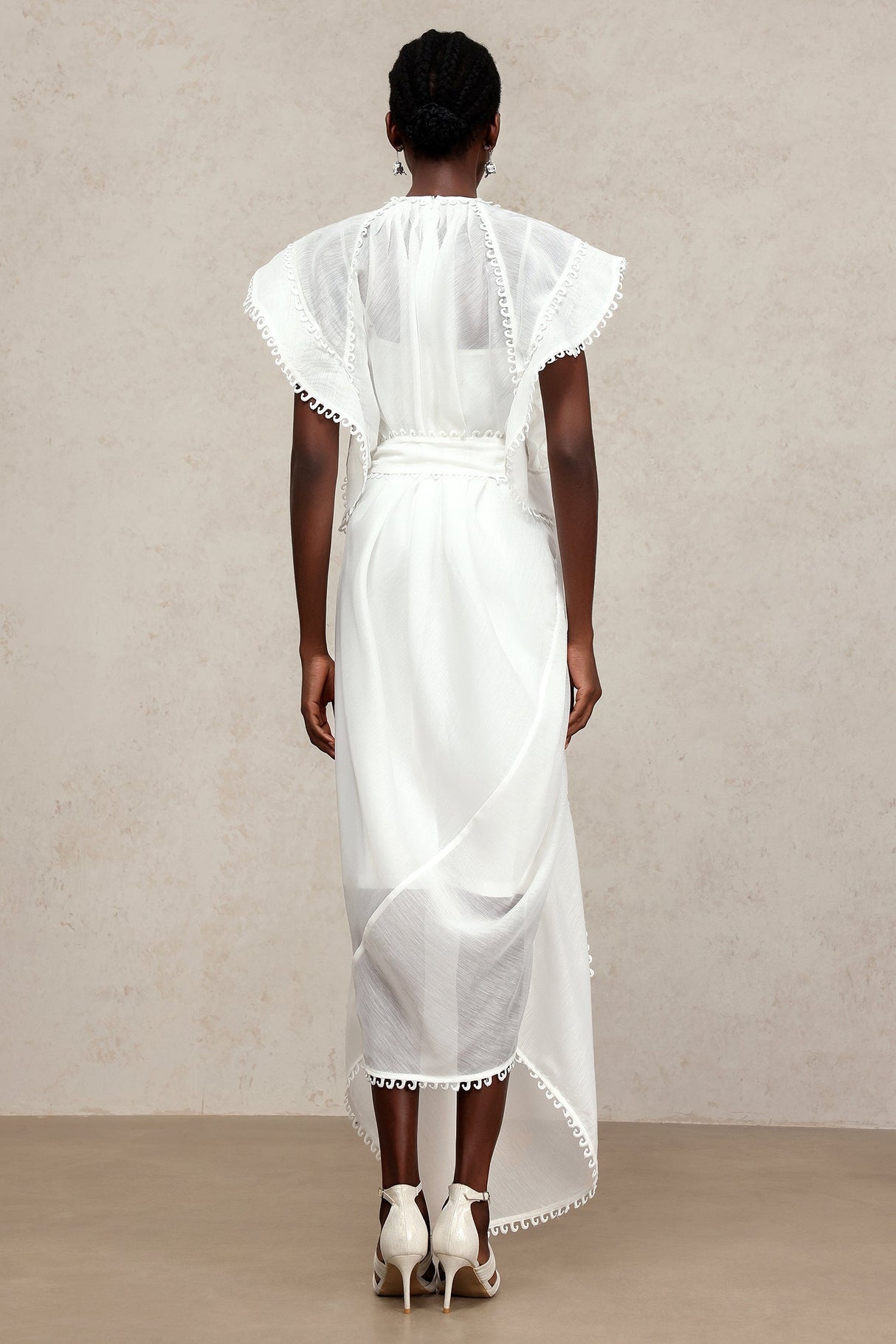 Savannah White Lace Embroidered Maxi Dress Ruffled Sleeves Sash Belt Lightweight Fabric Summer Beach Wedding