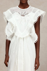 Savannah White Lace Maxi Dress Ruffled Sleeves Belted Lightweight Fabric Summer Beach Wedding