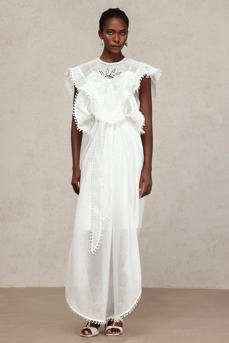 Savannah White Lace Maxi Dress Ruffled Sleeves Sash Belt Lightweight Fabric Summer Beach Wedding