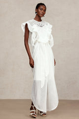 Savannah White Lace Maxi Dress with Ruffled Sleeves and Sash Belt for Special Occasions