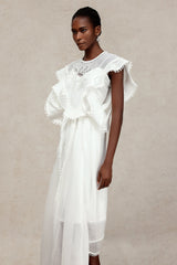 Savannah White Lace Maxi Dress Ruffled Sleeves Sash Belt Lightweight Fabric Summer Beach Wedding