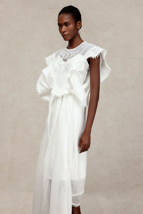Savannah White Lace Maxi Dress Ruffled Sleeves Sash Belt Lightweight Fabric Summer Beach Wedding