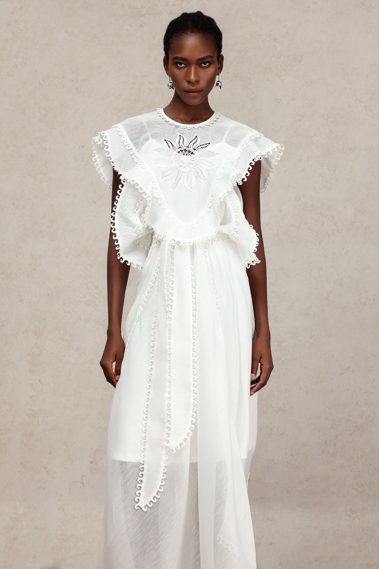 Savannah White Lace Maxi Dress with Ruffled Sleeves and Sash Belt for Special Occasions