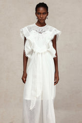 Savannah White Lace Maxi Dress with Ruffled Sleeves and Sash Belt for Special Occasions