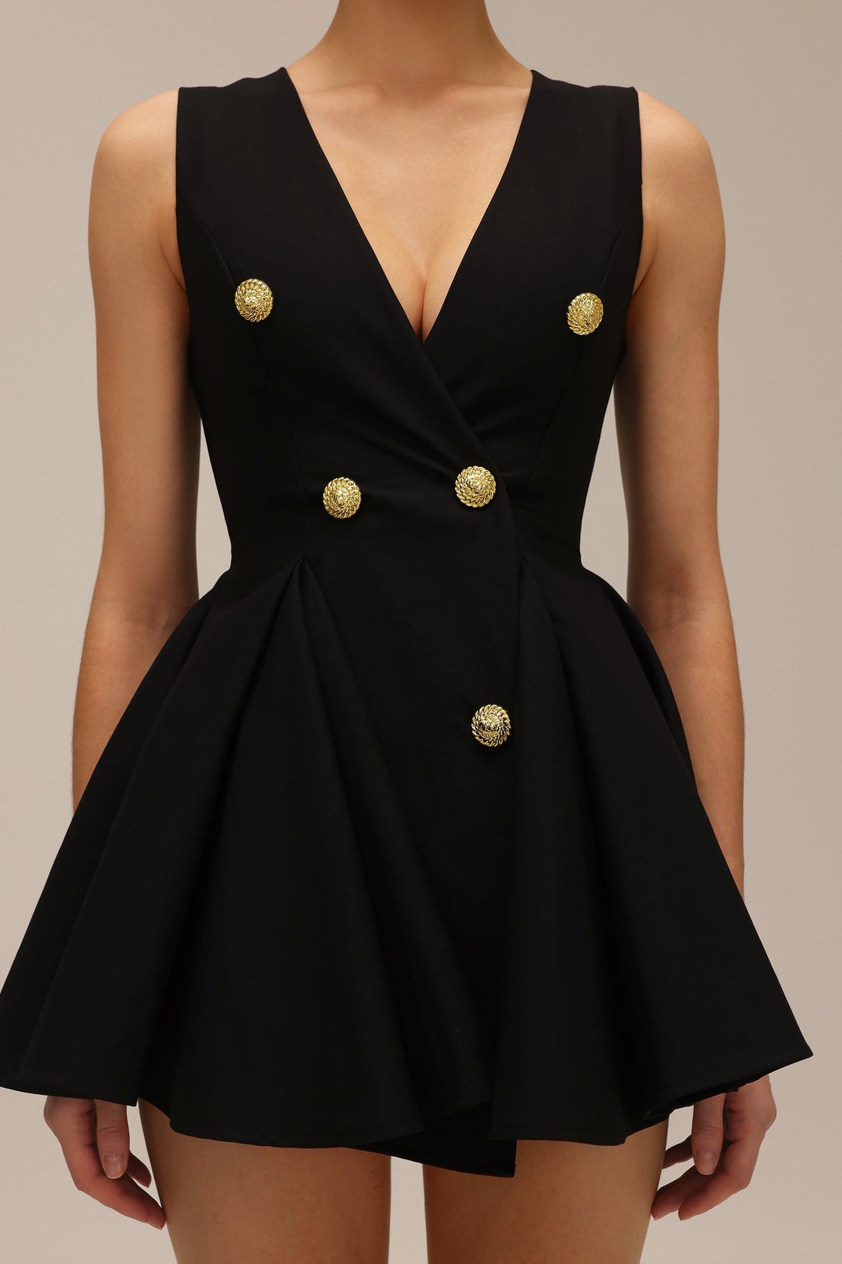 Savina Black Fit and Flare Dress with Dramatic Neckline and Button Detailing