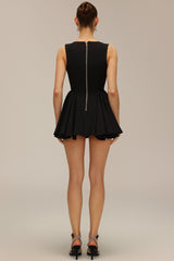 Savina Black Fit and Flare Dress with Dramatic Neckline and Button Detailing
