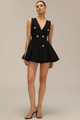 Savina Black Fit and Flare Dress with Dramatic Neckline and Button Detailing