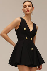 Savina Black Fit and Flare Dress with Dramatic Neckline and Button Detailing