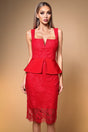 Savina Red Lace Peplum Midi Dress V-Neckline Cocktail Gala Event Elegant Allure