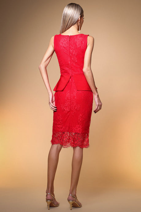 Savina Red Lace V-Neck Peplum Midi Dress