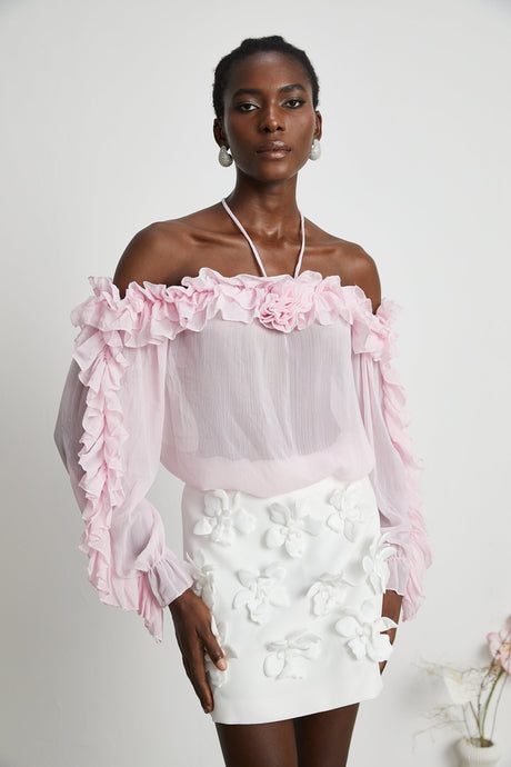 Selena Top Pink Strapless Halterneck Floral Applique