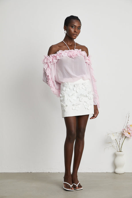 Selena Top Pink Strapless Halterneck Floral Applique