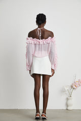 Selena Top Pink Strapless Halterneck Floral Applique